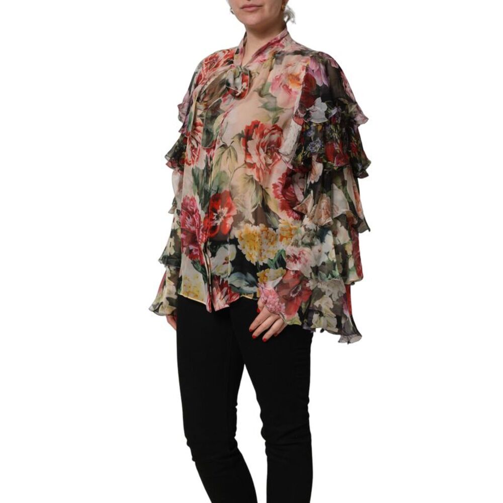 Dolce & Gabbana Multicolor Floral Tie-Neck Silk Chiffon Blouse Women's Top - Picture 2 of 5